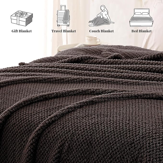 Whale Flotilla Queen Size Fuzzy Fleece Blanket, Fluffy Warm Soft Jacquard Bed Blankets for All Season, Lightweight and Cozy, 90x90 Inch, Coffee