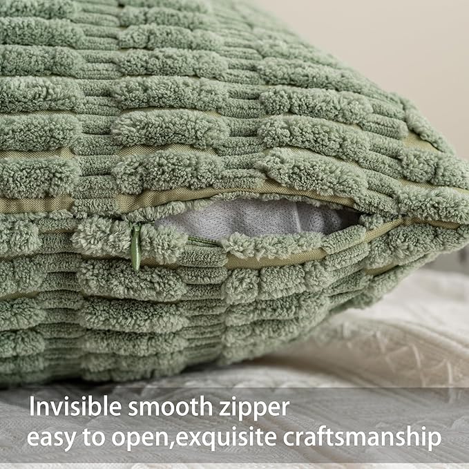 Pack of 2 Corduroy Decorative Throw Pillow Covers 20x20 InchSoft Boho Striped Pillow Covers Modern Farmhouse Home Decor for Sofa Living Room Couch Bed（Sage Green）