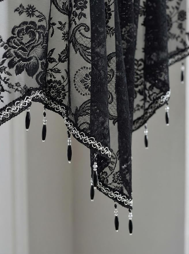 Molaxhome Swag Curtain 51 inch Length Rod Pocket Scalloped Curtain Valance Sheer Lace Panels with Hanging Crystal Beads for Kitchen Bedroom Window Treatments Drape Decor 1pc (Lace Black, 51Wx23L)