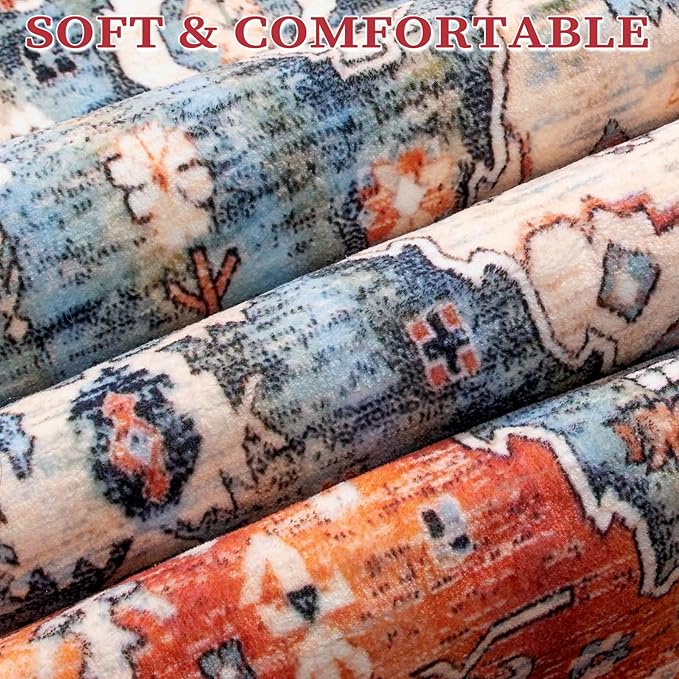 SERISSA Washable Rugs 9x12 Area Rugs, Large Non-Slip Boho Living Room Rug, Ultra Soft Vintage Print Distressed Oriental Tribal Farmhouse Carpet for Dining Room Bedroom Dorm Office Home Decor