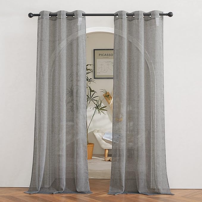 NICETOWN Charcoal Grey Living Room Curtains 84 inch Long, Grommet Linen Blend Semi-Sheer Window Drapes Privacy with Light Filtering for Bedroom/Cottage, W36 x L84, 1 Pair