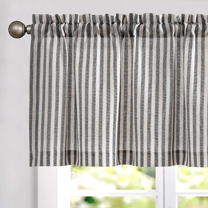 jinchan Linen Stripe Curtain Valance for Windows 16 Inch Light Filtering for Kitchen Living Room Bathroom Rustic Cottage Farmhouse Window Treatment Rod Pocket Design 1 Panel Black on Linen