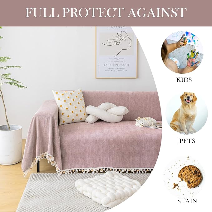 HANDONTIME Soild Couch Covers for Dogs Pink-Purple Sofa Covers Boho Cover for Sofa 3 Seats Chenille Sofa Throw Cover Mauve Sofa Covers for 3 Cushion Couch Tassel, Washable, Pet Friendly, 71" X118"