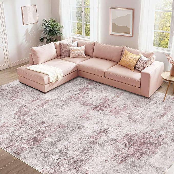 UERMEI 8x10 Area Rug Living Room Rugs - Washable Neutral Modern Abstract Soft Thin Large Rug Indoor Floor No Slip Rug Carpet for Bedroom Under Dining Table Home Office Decor - Pink