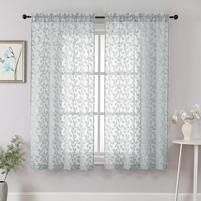 Chyhomenyc Light Grey Sheer Curtains 63 Inch Length 2 Panels Set, Light Filtering Tufted Textured Soft Airy Rod Pocket Beautiful Leaf Window Treatment Drapes for Bedroom Living Room, 42" Wx63 L, 2PCS