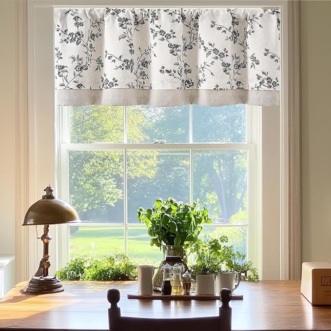 jinchan Linen Kitchen Valance for Windows 16 Inch Floral Double Layer Valance Living Room Laundry Room Darkening Rustic Cottagecore Farmhouse Flower Window Treatment 1 Panel Black on Linen