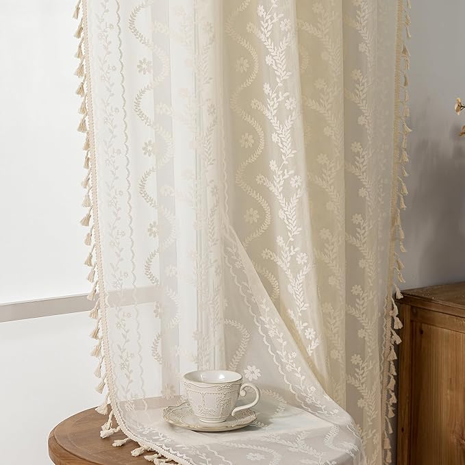 WAZZIO Boho Lace Curtains 2 Panels 84 Inches Long-Cute Vintage Victorian Sheer Panels with French Country Flower Pattern & Tassel Light Filtering Privacy for Bedroom Dining Living Room,Beige