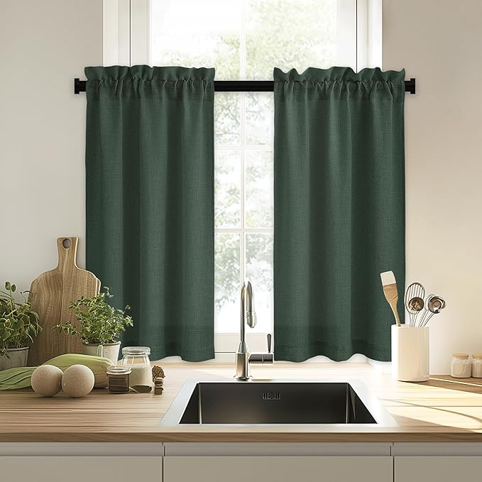 RYB HOME Cafe Curtains 24 inches Length, Linen Sheer Short Curtains for Small Window, Half Privacy Light Filetring Window Tier Valance for Kitchen Bathroom, W 26 x L 24, Olive Green, 2 Panels Set