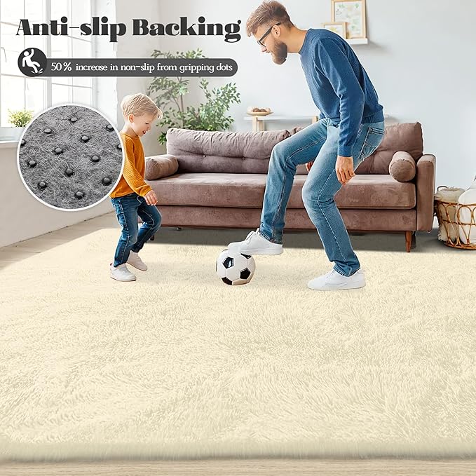 6x9 Area Rug for Living Room: Fluffy Shag Soft Washable Rugs Large Fuzzy Plush Indoor Carpet for Bedroom Nursery Playroom Kids Girls Boys Room (Cream White, 6'x9')