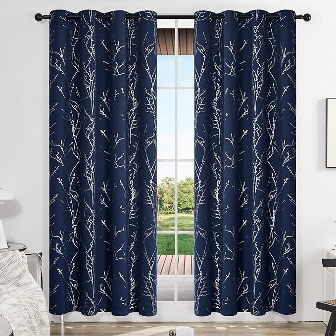 Deconovo Navy Blue Blackout Curtains, Living Room Curtain, Thermal Insulated Soundproof Drapes, Branch Silver Print, 52 x 84 Inch Long, Grommet Panels for Bedroom Office Nursery Home Decor, Set of 2