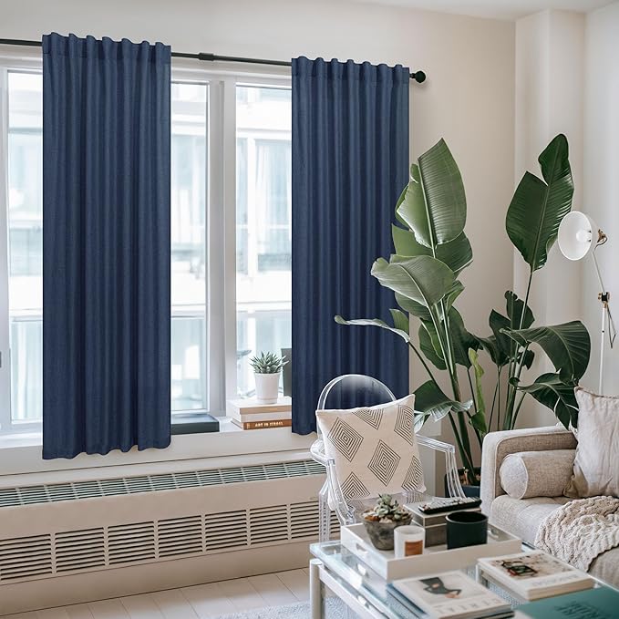 Navy Curtains 38 Inch Width for Kitchen Door 2 Panel Back Tab Pocket Semi Sheer Linen Light Filtering Skinny Small Window Curtain for Bedroom Closet Laundry Basement Bathroom Wide 38x63 Long Dark Blue