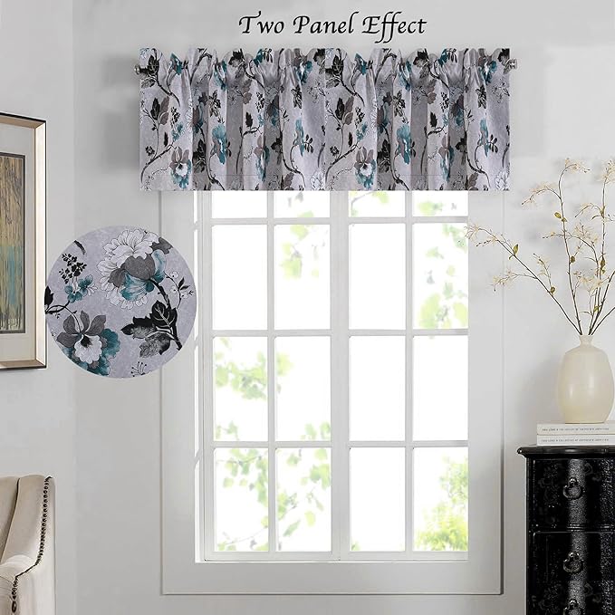 H.VERSAILTEX Blackout Curtain Valances for Kitchen Window/Living Room/Bathroom Privacy Added Rod Pocket Home Decoration Winow Valance, 52" W x 18" L, Floral in Grey and Teal