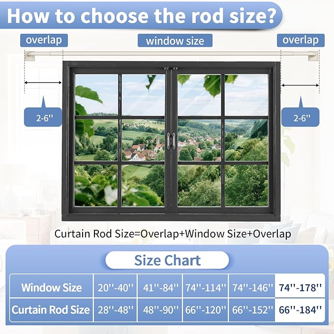 Beige White Curtain Rods for Windows 66-184 Inch(5.5-15.3ft) Heavy Duty Wrap Around Blackout Curtain Rods, Extra Long Adjustable Room Darkening Drapery Rod for Bedroom, Living Room & Outdoor Patio