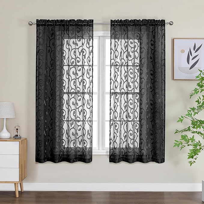 OWENIE Furman Sheer Curtains 63 inch Length for Bedroom Living Room 2 Panels Set, Jacquard Clip Textured Semi Sheer Black Curtain, Light Filtering Rod Pocket Farmhouse Window Treatments, 40Wx63L inch