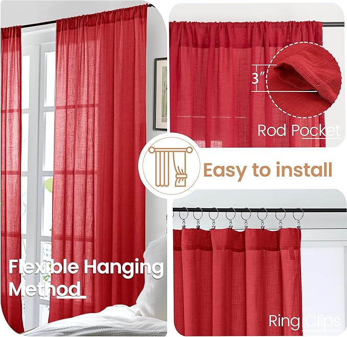 BGment 96 Inches Long Linen Curtains for Living Room, Semi Sheer Red Window Drapes Textured for Farmhouse Bedroom Dining with Rod Pocket Lightweight, 2 Panels Set, Each 52 Inch Wide