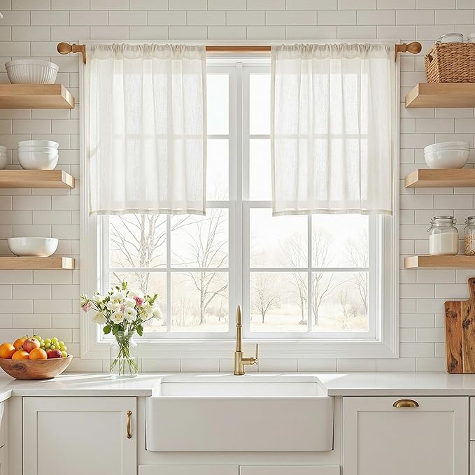 MYSKY HOME Natural Curtains 30 Inch Long for Cafe, Semi Sheer Light Filtering Tiers Curtain Panels Rod Pocket Short Country Decor Drapes for Basement/Small Window, Beige White, 2 Panels, 34 x 30 Inch