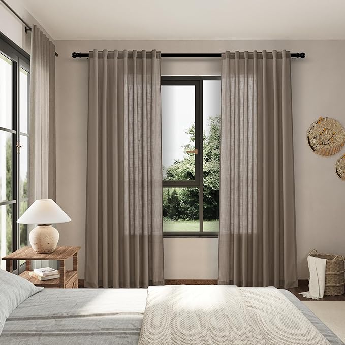 Nanspring Dark Taupe Linen Curtains 80 Inches Length for Living Room Back Tab Rod Pocket Semi Sheer Linen Drapes Muted Neutral Boho Linen Textured Window Curtain for Dining Room Bedroom 52X80 Inches