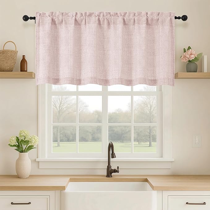 OVZME Blush Pink Valance for Windows, Light Filtering Faux Linen Textured Small Kitchen Valances for Windows, Dual Rod Pocket Farmhouse Short Curtain for Bathroom Basement, 60Wx22L inch, 1 Piece