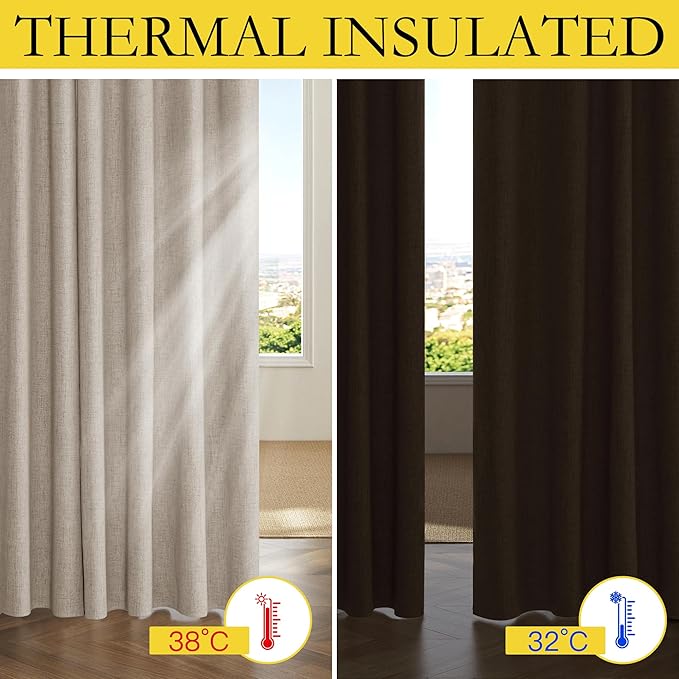 NICETOWN Oatmeal Thick Linen Blend 100% Blackout Curtains 63" Long 2 Panels Set for Bedroom, 42" Wide, Rustic Grommet Thermal Insulated Flax Textured Full Blackout Window Draperies with Grey Liners