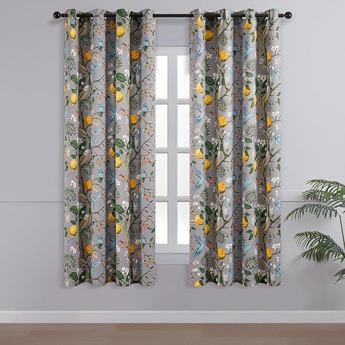Topfinel Grey Curtains, Aesthetic Unique Rustic Thermal Insulated Noise Reducing Cottagecore Floral Flower Printed Modern Farmhouse Window Treatment 63 Inch Length 2 Panels Bedroom 52x63