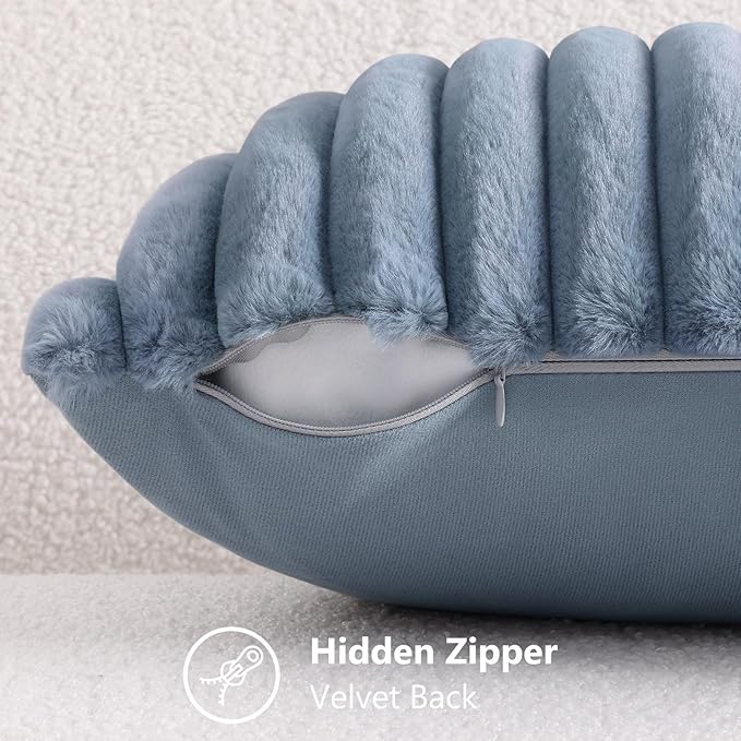 decorUhome Cozy Faux Fur Throw Pillow Covers 16x16 Set of 2 Decorative Soft Plush Striped Modern Farmhouse Boho Couch Pillow Cases with Velvet Back for Sofa Bed Living Room, Grey Blue