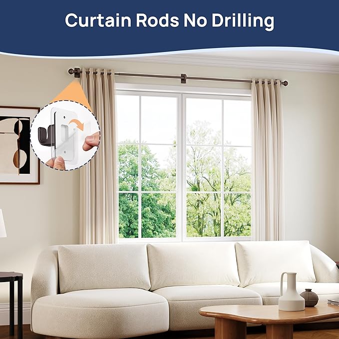 ENJOYBASICS No Drill Curtain Rods for Window 48 to 84 Inches, 5/8 Inch Diameter Renter Friendly Drapery Rod with Adhesive Brackets without Drilling, Adjustable from 27 to 90 Inches, Bronze