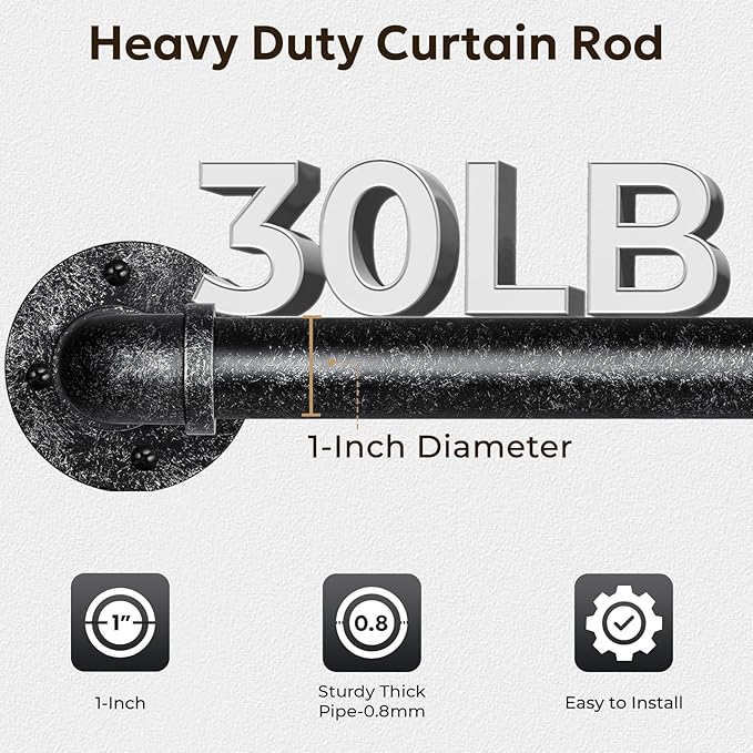 Zeerobee Curtain Rods for Windows 66 to 120, 1 Inch Industrial Wrap Around Vintage Black Curtain Rod, Indoor/Outdoor Room Divider Adjustable Drapery Pole, 66"-120"