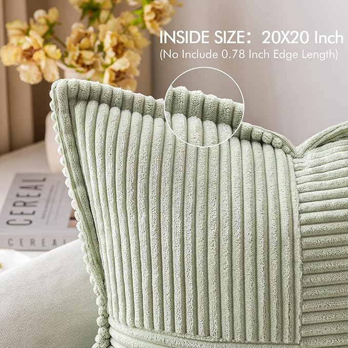 MIULEE Spring Decorative Throw Pillow Covers for Couch Bed Livingroom 20x20 Inch Set of 2 Light Green Boho Accent Throw Pllows Broadside Striped Patchwork Soft Corduroy Summer Pillowcases
