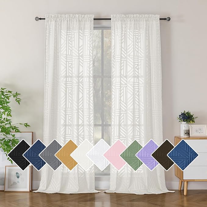 Simplebrand Ivory Semi Sheer Curtains 96 Inches Long 2 Panels, Light Filtering Geometric Jacquard Clip Textured Sheer Curtains for Living Room，Modern Elegant Window Curtains Drapes，42x96 inch