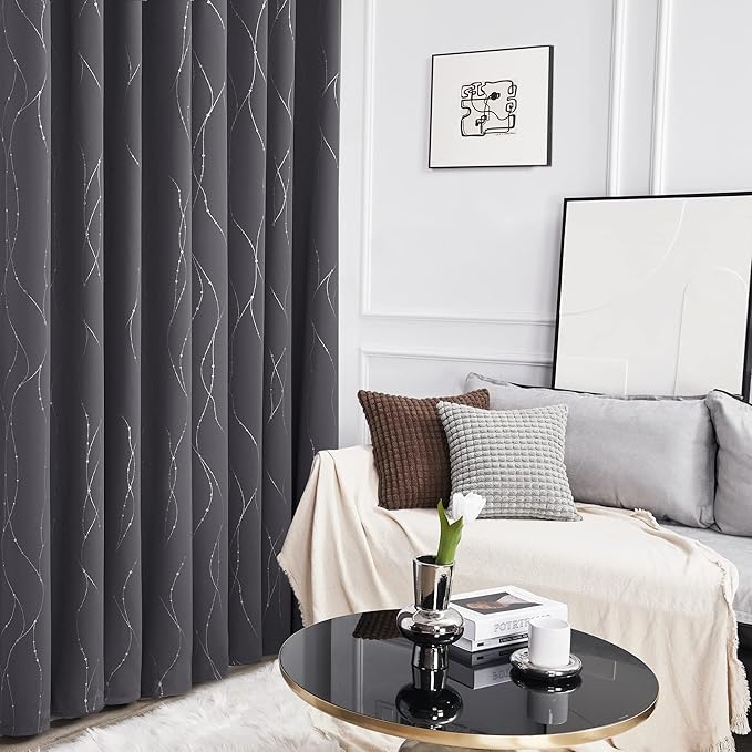 Deconovo Short Curtains Grey, Blackout Kitchen Curtain, Thermal Insulated Soundproof Drapes, Wave Dots Foil Print, 52 x 45 Inches, 2 Panels, Machine‑Washable Privacy Window Panel for Nursery Office