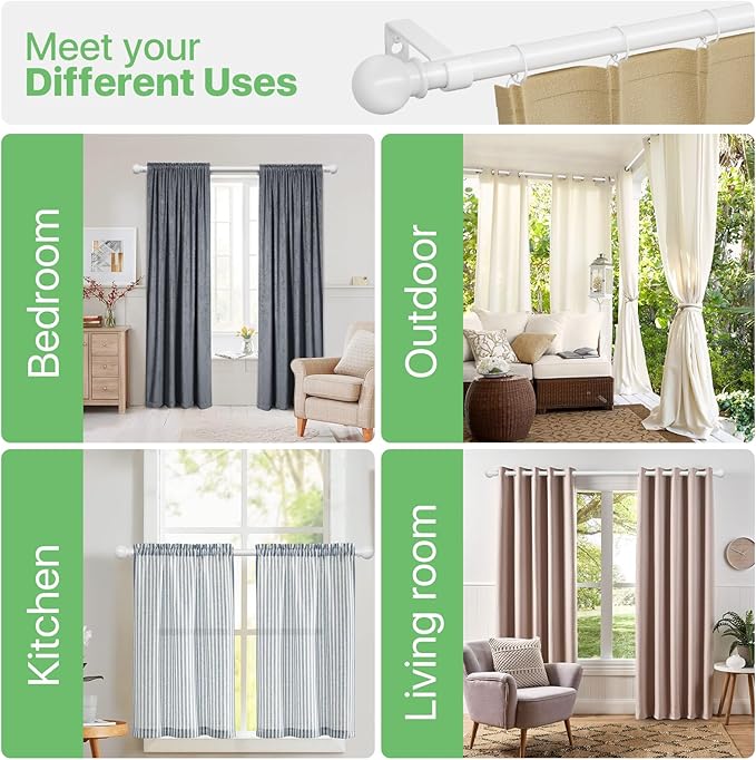 White Curtain Rods for Windows 28 to 48 inch, Adjustable Curtain Rod Set with Brackets Easy Install, Decorative 5/8" Drapery Rod, Heavy Duty Curtain Rods for Bedroom, Kitchen, Living Room
