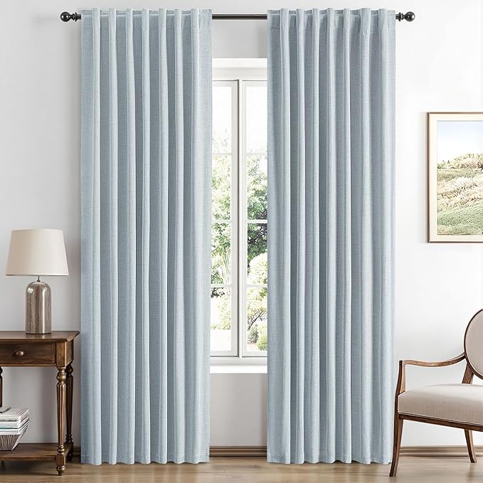 MIULEE 100% Blackout Linen Curtains for Bedroom, Chambray Blue Solid Luxury Decor Thermal Insulation Room Darkening Drapes for Living Room Nursery Back Tab Rod Pocket 42 x 63 Inches, 2 Panels
