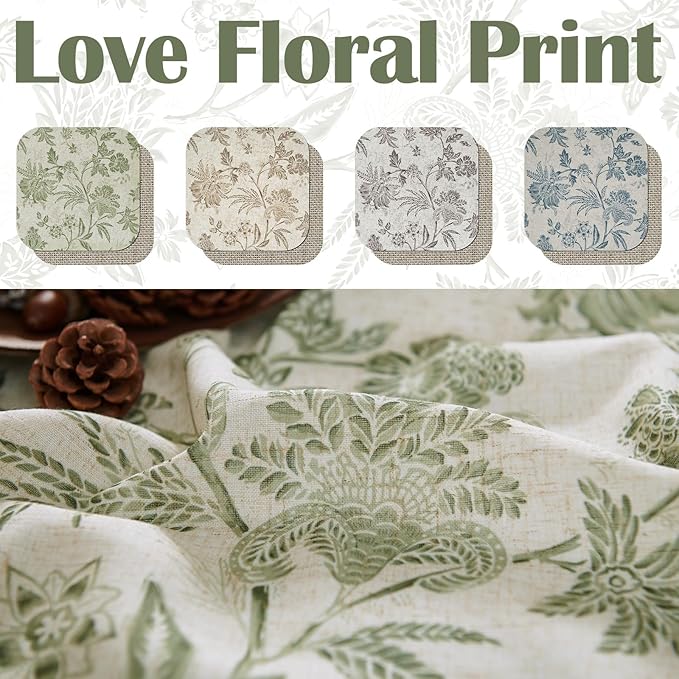 jinchan Floral Valance Curtain Linen Kitchen Valance for Windows 16 Inch Farmhouse Light Filtering Green Floral Short Window Treatment for Living Room 1 Panel Rod Pocket Double Layer Sage on Beige