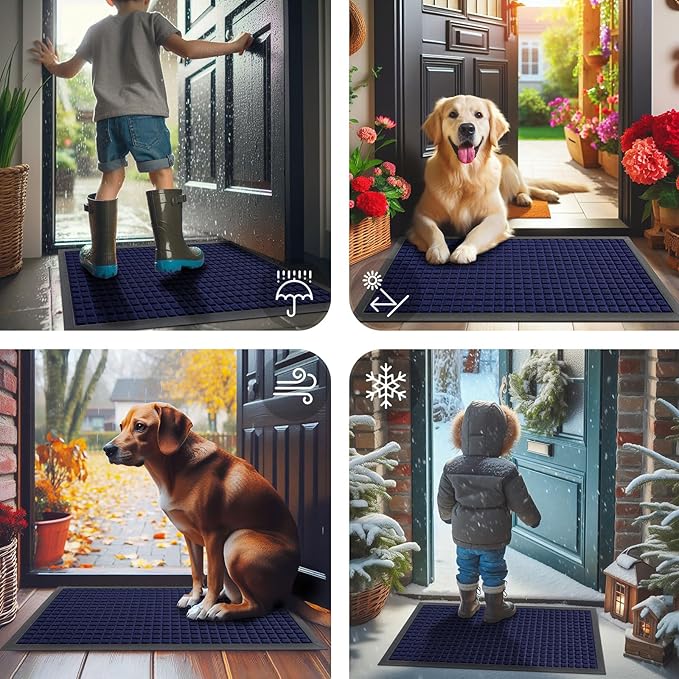 Smiry Front Door Mat Outside Entrance, Heavy Duty Natural Rubber Doormat, Non Slip, Trap Dirt and Moisture, Easy Clean, Low Profile Welcome Floor Mats for Indoor Outdoor Entry, 47x23 Inch, Navy Blue