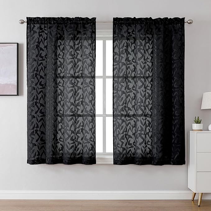 Lecloud Leia Black Sheer Curtains for Bedroom Decor 54 Inch Length 2 Pcs, Jacquard Leaf Textured Light Filtering Voile Living Room Curtains, Dual Rod Pockets Drapes, Each Panel 42" W x 54" L