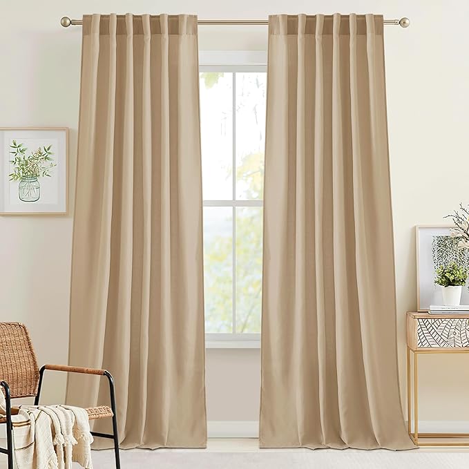 RYB HOME Linen Sheer Curtains for Living Room Bedroom, Back Tab 108 inches Farmhouse Boho Rustic Decoration for Dining Room Nursery, Camel, W 52 x L 108 inches, 2 Panels Set