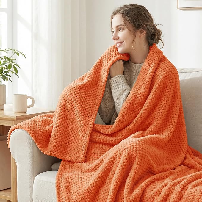 Exclusivo Mezcla Fleece Bed Blanket Queen Size, Super Soft and Warm Blankets for Couch, Sofa and Bed Waffle Textured, Cozy, Fuzzy and Lightweight (Burnt Orange, 90x90 Inches)