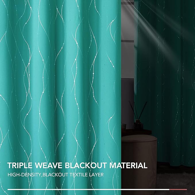 Deconovo Blackout Curtains for Living Room, Thermal Insulated Soundproof Drapes with Wave Dot Foil Print, 52 x 84 Inch, Set of 2, Machine Washable Window Curtain for Bedroom Nursery Kitchen, Turquoise