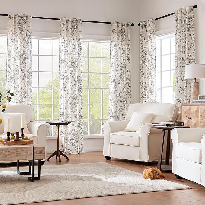 jinchan Linen Floral Curtains 84 Inch Length for Living Room Bedroom Light Filtering Farmhouse Peony Flower Drapes Rustic Window Curtain Set Rod Pocket Back Tab 2 Panels Black