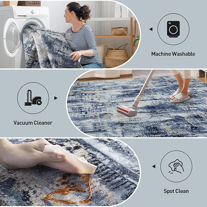 5x7 Area Rugs Washable Rug: Modern Abstract Living Room Rug Soft Anti-Skid Thin Carpet Indoor Floor Non-Shedding Carpets for Bedroom Dining Room Farmhouse Nursery Home Office - Blue Gold