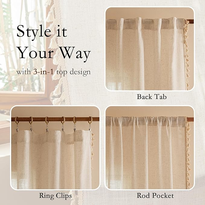 MYSKY HOME 96 Inch Length Farmhouse Semi Sheers Light Filtering Privacy Drapes for Sliding Glass Door, Bohemian Country Style Draperies with Tassel Back Tab, 50" W×96" L, Linen, 2 Panels