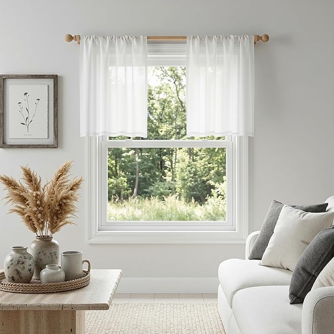 MYSKY HOME 30 Inches Long White Tiers Curtains for Kitchen Window, Semi Sheer Light Filtering Cafe Curtain Rod Pocket Short Country Decor Drapes for Bathroom/Basement, Pure White, 2 Panels, 34" Wide