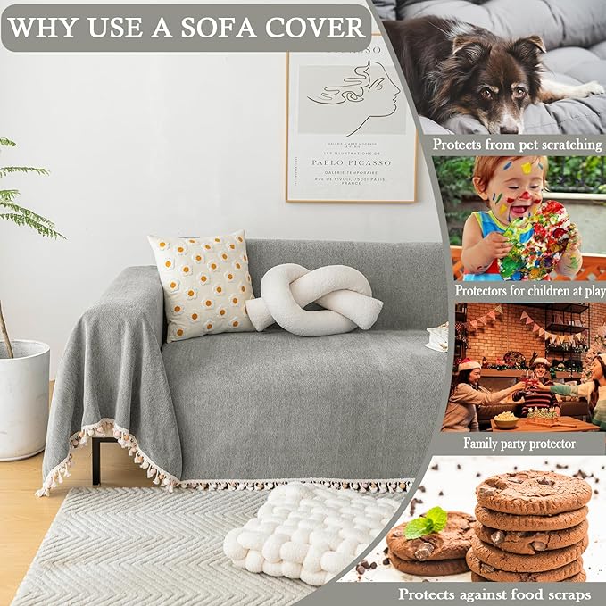 HANDONTIME Couch Slipcovers for Sofas Dark Grey Couch Cover Sofa Cover for Dogs Boho Pet Couch Protector with Tassel Chenille Herringbone Couch Cover for 2 3 Seat Washable Pet Friendly, 71" X134"