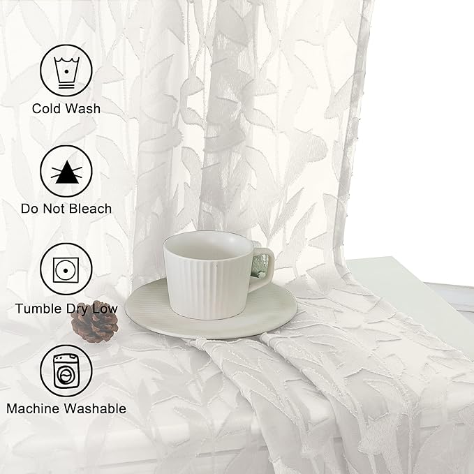 Lecloud Leia Ivory Sheer Curtains 45 Inch Length 2 Panels, Elegant Balance Light & Privacy Jacquard Textured Leaf Voile Curtains, Dual Rod Pockets Drapes for Bedroom Living Room, Each 28" W x 45" L
