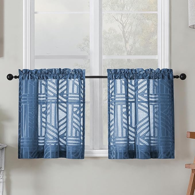 Simplebrand Sheer Dusty Blue Kitchen Curtains 24 Inch Length Tier Curtains 2 Panels, Light Filtering Geometric Jacquard Clip Textured Semi Sheer Short Window Curtains for Bathroom, 30x24 inch