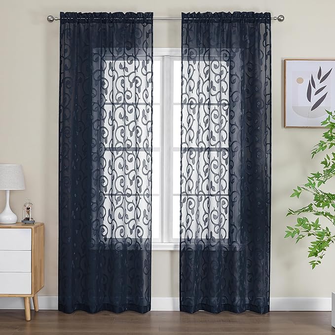 OWENIE Furman Extra Long Sheer Curtains 96 inches Long for Bedroom Living Room 2 Panels Set, Lightweight Airy Jacquard Clip Farmhouse Curtains, Modern Top Dual Rod Pocket, Navy Blue, 40Wx96L inch