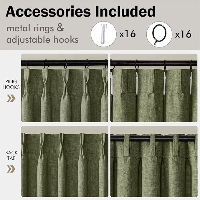 MIULEE Olive Green Pinch Pleated Thick Linen Curtains 84 Inches Long 2 Panels for Living Room Bedroom, Linen Texture Memory Trained Drapes Pleat Back Tab Semi Sheer Moss Green Track System Curtains