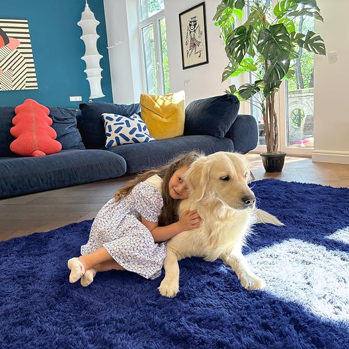 OLANLY 4x5 Machine Washable Accent Rug, Soft Fluffy Shaggy Area Rug for Bedroom, Living Room, Indoor Floor Carpet for Kids, Nursery, Home Decor, Navy Blue