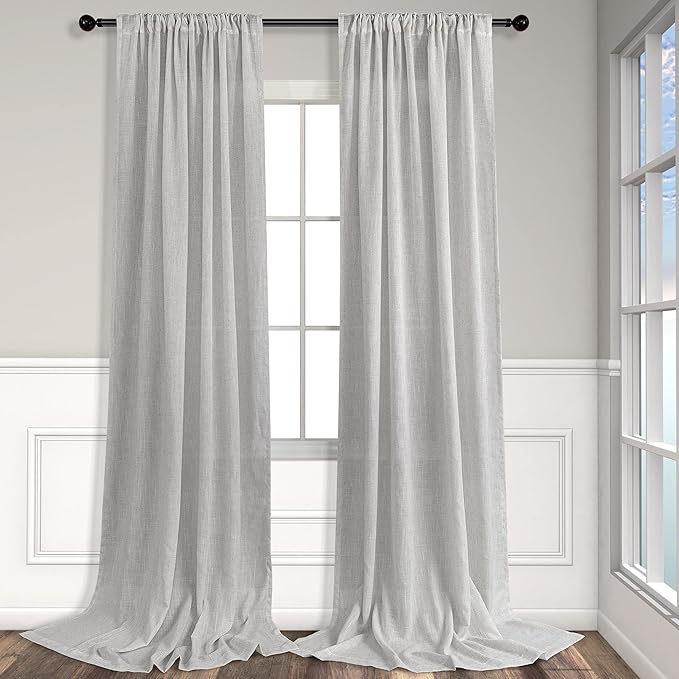 Long Grey Curtains 108 Inches for Living Room Set of 2 Panels Rod Pocket Back Tab Drapes Light Filtering Thick Sheer Linen Semi Privacy Dove Gray Curtains for Mens Office Bedroom Patio Door 9 FT Tall