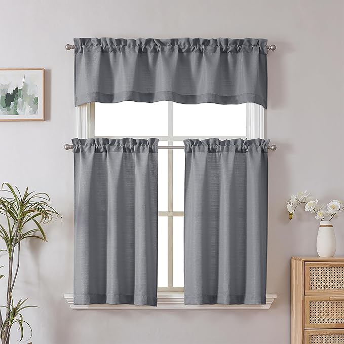 Chyhomenyc Dark Grey Valance for Windows, Light Filtering Faux Linen Decorative Small Window Kitchen Curtain, Rod Pocket Short Cafe Valance for Bathroom Laundry Basement, 60Wx14L inch, 1 Piece